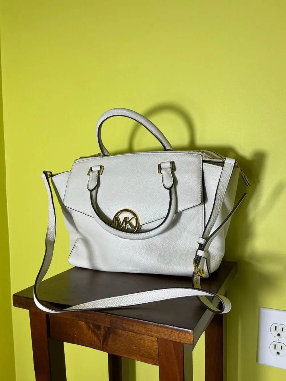 Michael Kors White Leather Satchel with Gold MK Medallion